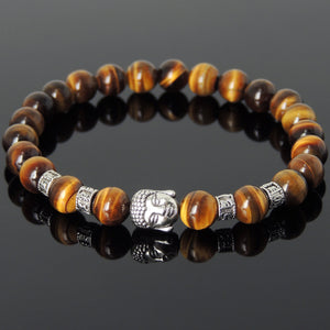 Brown Tiger Eye Healing Gemstone Bracelet with Tibetan Silver Guanyin Buddha & OM Meditation Spacer Beads - Handmade by Gem & Silver TSB312