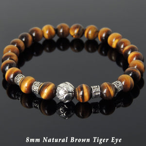8mm Brown Tiger Eye Healing Gemstone Bracelet with Tibetan Silver Lotus Bead & OM Meditation Spacer Beads - Handmade by Gem & Silver TSB313