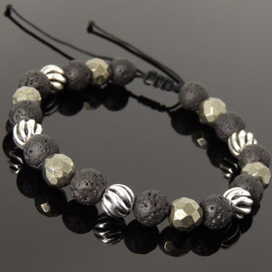 8mm Faceted Gold Pyrite & Lava Rock Adjustable Braided Stone Bracelet with S925 Sterling Silver Artisan Beads - Handmade by Gem & Silver BR1062