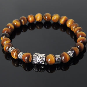 Brown Tiger Eye Healing Gemstone Bracelet with Tibetan Silver Sakyamuni Buddha & OM Meditation Spacer Beads - Handmade by Gem & Silver TSB315