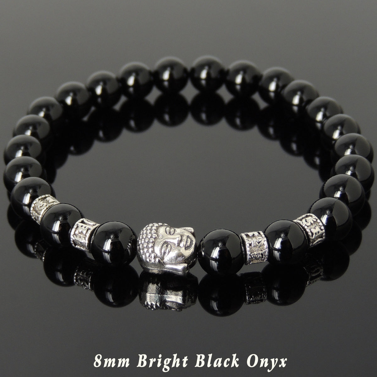 Bright Black Onyx Healing Gemstone Bracelet with Tibetan Silver Guanyin Buddha & OM Meditation Spacer Beads - Handmade by Gem & Silver TSB308