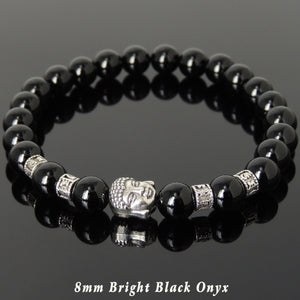 Bright Black Onyx Healing Gemstone Bracelet with Tibetan Silver Guanyin Buddha & OM Meditation Spacer Beads - Handmade by Gem & Silver TSB308