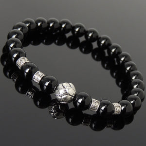 Bright Black Onyx Healing Gemstone Bracelet with Tibetan Silver Lotus Bead & OM Meditation Spacer Beads - Handmade by Gem & Silver TSB309