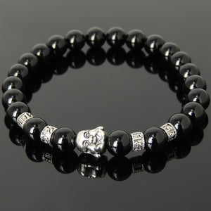 Bright Black Onyx Healing Gemstone Bracelet with Tibetan Silver Smiling Buddha & OM Meditation Spacer Beads - Handmade by Gem & Silver TSB310