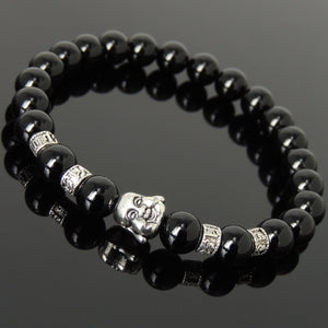 Bright Black Onyx Healing Gemstone Bracelet with Tibetan Silver Smiling Buddha & OM Meditation Spacer Beads - Handmade by Gem & Silver TSB310