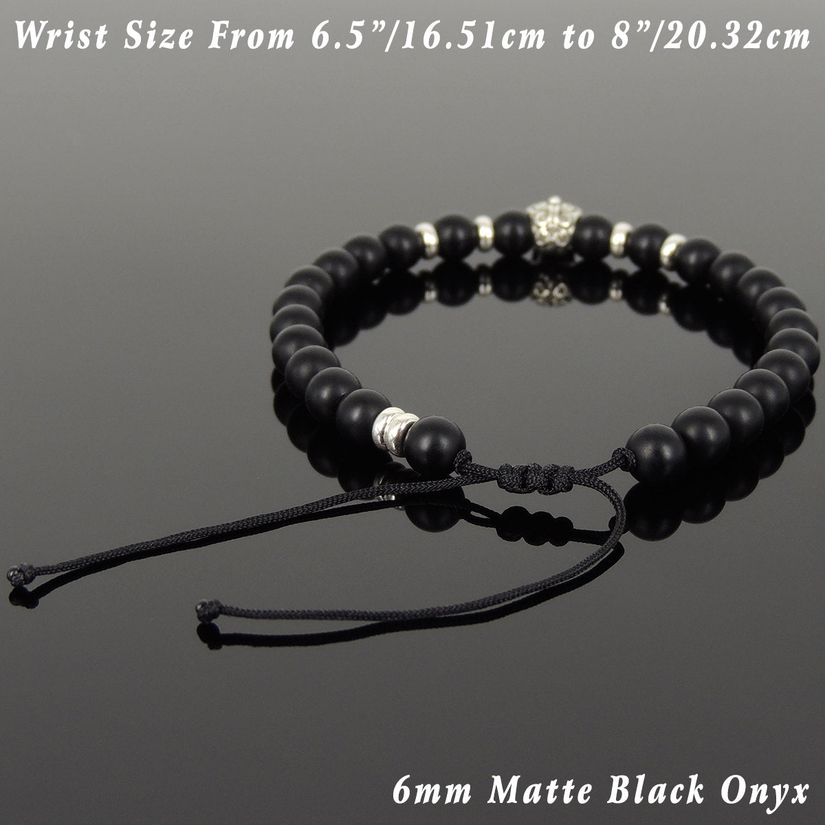 6mm Matte Black Onyx Adjustable Braided Gemstone Bracelet with S925 Sterling Silver Spacers & Day of the Dead Skull Bead - Handmade by Gem & Silver BR1067
