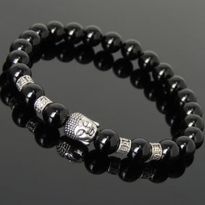 Bright Black Onyx Healing Gemstone Bracelet with Tibetan Silver Sakyamuni Buddha & OM Meditation Spacer Beads - Handmade by Gem & Silver TSB311