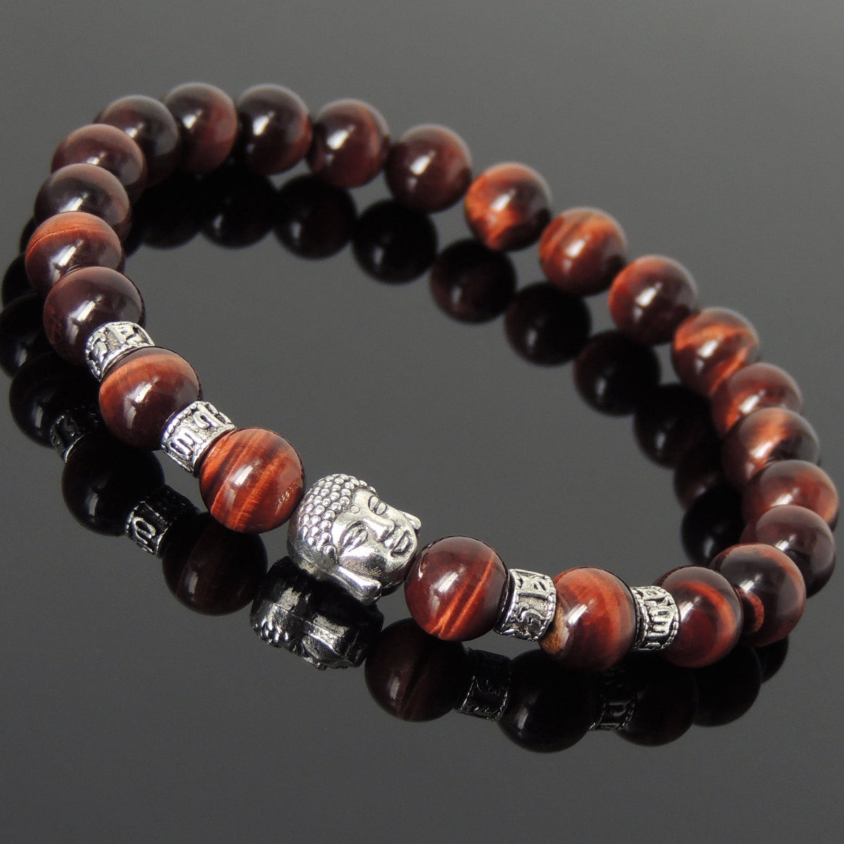 Red Tiger Eye Healing Gemstone Bracelet with Tibetan Silver Guanyin Buddha & OM Meditation Spacer Beads - Handmade by Gem & Silver TSB316
