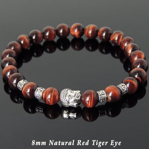 Red Tiger Eye Healing Gemstone Bracelet with Tibetan Silver Guanyin Buddha & OM Meditation Spacer Beads - Handmade by Gem & Silver TSB316
