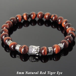 Red Tiger Eye Healing Gemstone Bracelet with Tibetan Silver Sakyamuni Buddha & OM Meditation Spacer Beads - Handmade by Gem & Silver TSB319