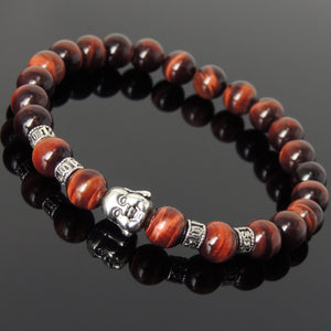 Red Tiger Eye Healing Gemstone Bracelet with Tibetan Silver Happy Buddha & OM Meditation Spacer Beads - Handmade by Gem & Silver TSB318