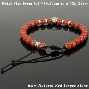 6mm Red Jasper Adjustable Braided Stone Bracelet with S925 Sterling Silver Spacers & Day of the Dead Skull Bead - Handmade by Gem & Silver BR1068