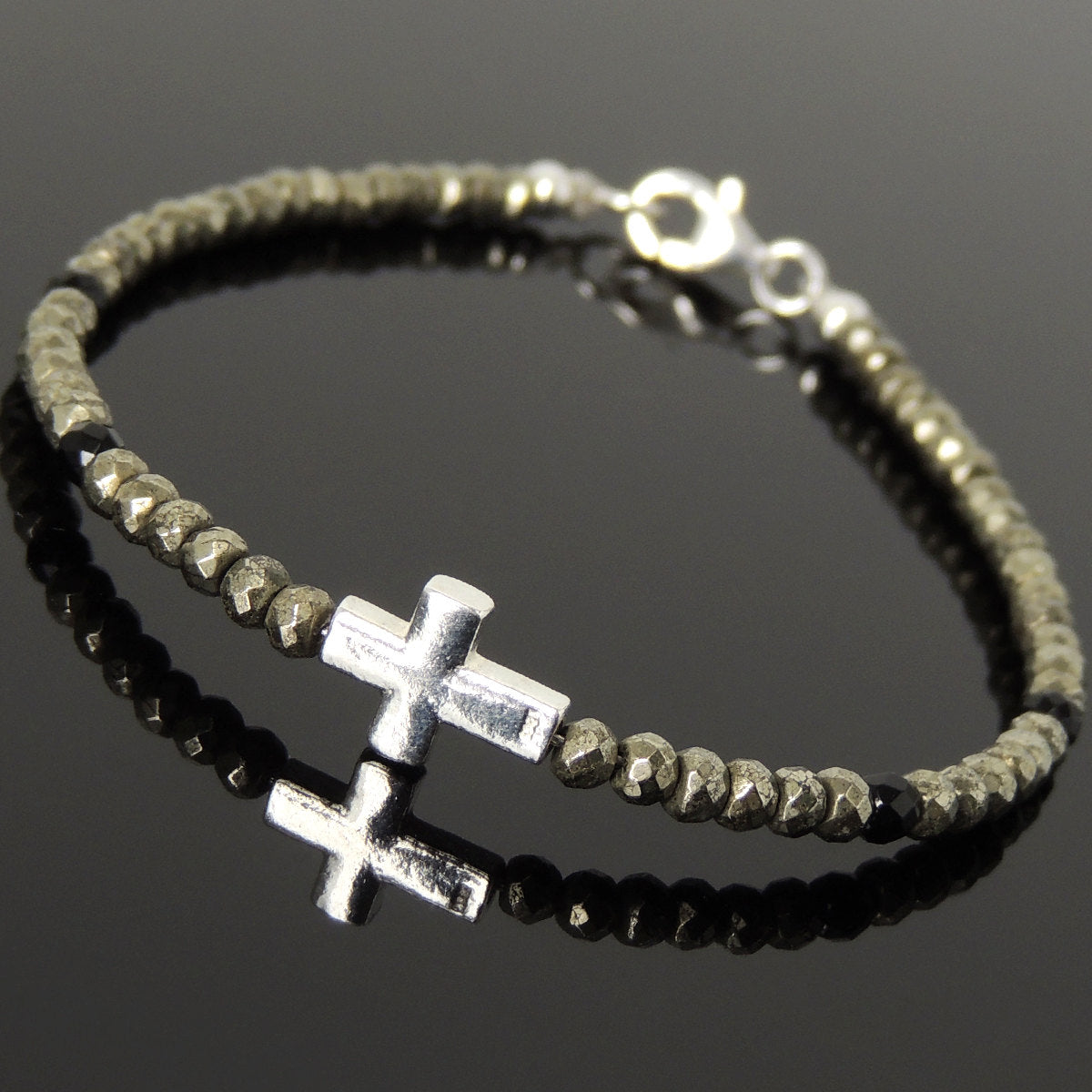 3mm Faceted Bright Black Onyx & Gold Pyrite Healing Gemstone Bracelet with S925 Sterling Silver Protection Cross Charm & Clasp - Handmade by Gem & Silver BR1078