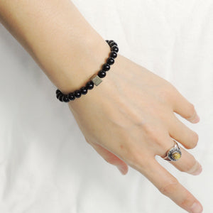 6mm Bright Black Onyx Gemstone Adjustable Braided Bracelet with Gold Pyrite Cube Bead - Handmade by Gem & Silver BR1079