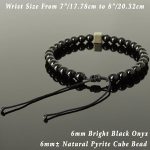 6mm Bright Black Onyx Gemstone Adjustable Braided Bracelet with Gold Pyrite Cube Bead - Handmade by Gem & Silver BR1079