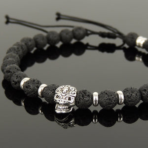 6mm Lava Rock Adjustable Braided Stone Bracelet with S925 Sterling Silver Spacers & Day of the Dead Skull Bead - Handmade by Gem & Silver BR1080