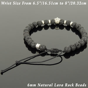 6mm Lava Rock Adjustable Braided Stone Bracelet with S925 Sterling Silver Spacers & Day of the Dead Skull Bead - Handmade by Gem & Silver BR1080