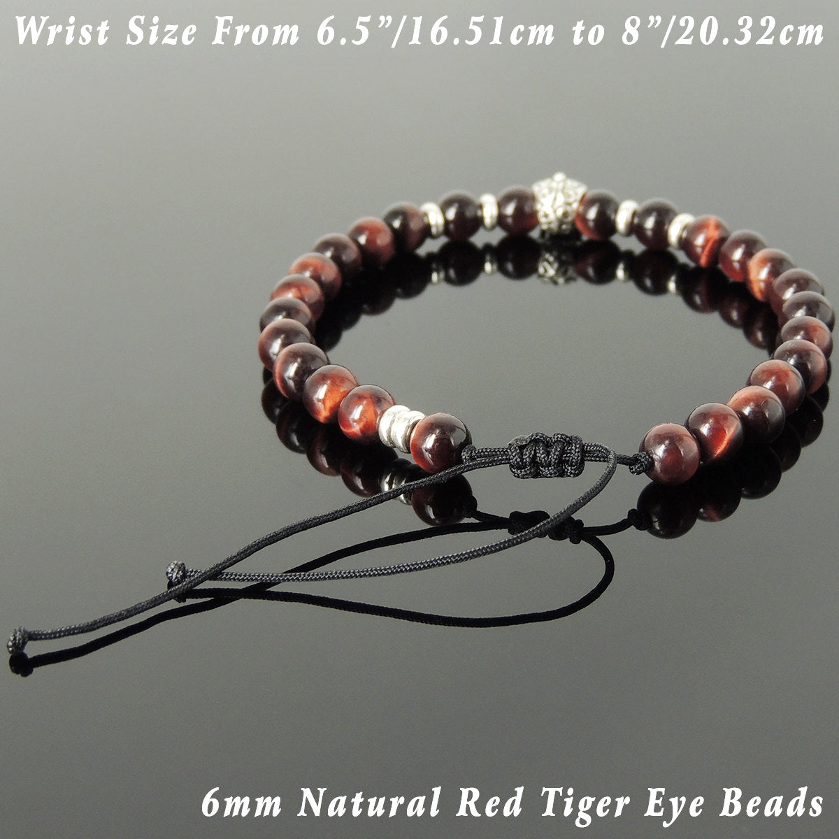 6mm Red Tiger Eye Adjustable Braided Gemstone Bracelet with S925 Sterling Silver Spacers & Day of the Dead Skull Bead - Handmade by Gem & Silver BR1081