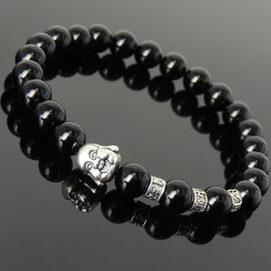 Bright Black Onyx Healing Gemstone Bracelet with Tibetan Silver Smiling Buddha & OM Meditation Spacer Beads - Handmade by Gem & Silver TSB326