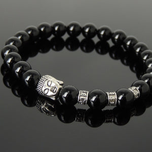 Bright Black Onyx Healing Gemstone Bracelet with Tibetan Silver Guanyin Buddha & OM Meditation Spacer Beads - Handmade by Gem & Silver TSB327