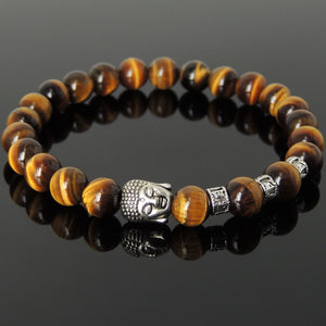 Brown Tiger Eye Healing Gemstone Bracelet with Tibetan Silver Sakyamuni Buddha & OM Meditation Spacer Beads - Handmade by Gem & Silver TSB335