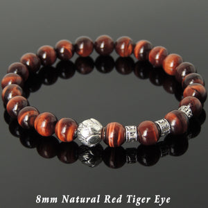 8mm Red Tiger Eye Healing Gemstone Bracelet with Tibetan Silver Lotus Bead & OM Meditation Spacer Beads - Handmade by Gem & Silver TSB337