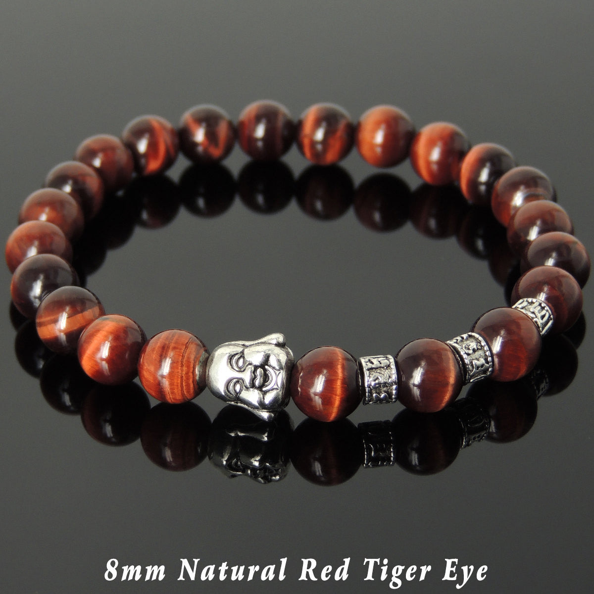 Red Tiger Eye Healing Gemstone Bracelet with Tibetan Silver Happy Buddha & OM Meditation Spacer Beads - Handmade by Gem & Silver TSB338