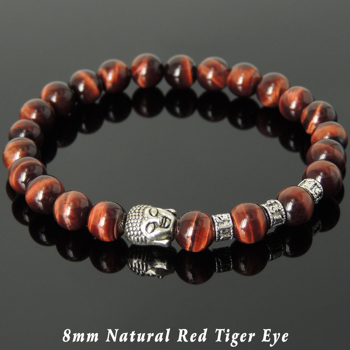 Red Tiger Eye Healing Gemstone Bracelet with Tibetan Silver Sakyamuni Buddha & OM Meditation Spacer Beads - Handmade by Gem & Silver TSB339