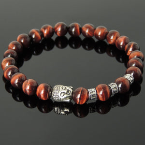 Red Tiger Eye Healing Gemstone Bracelet with Tibetan Silver Sakyamuni Buddha & OM Meditation Spacer Beads - Handmade by Gem & Silver TSB339