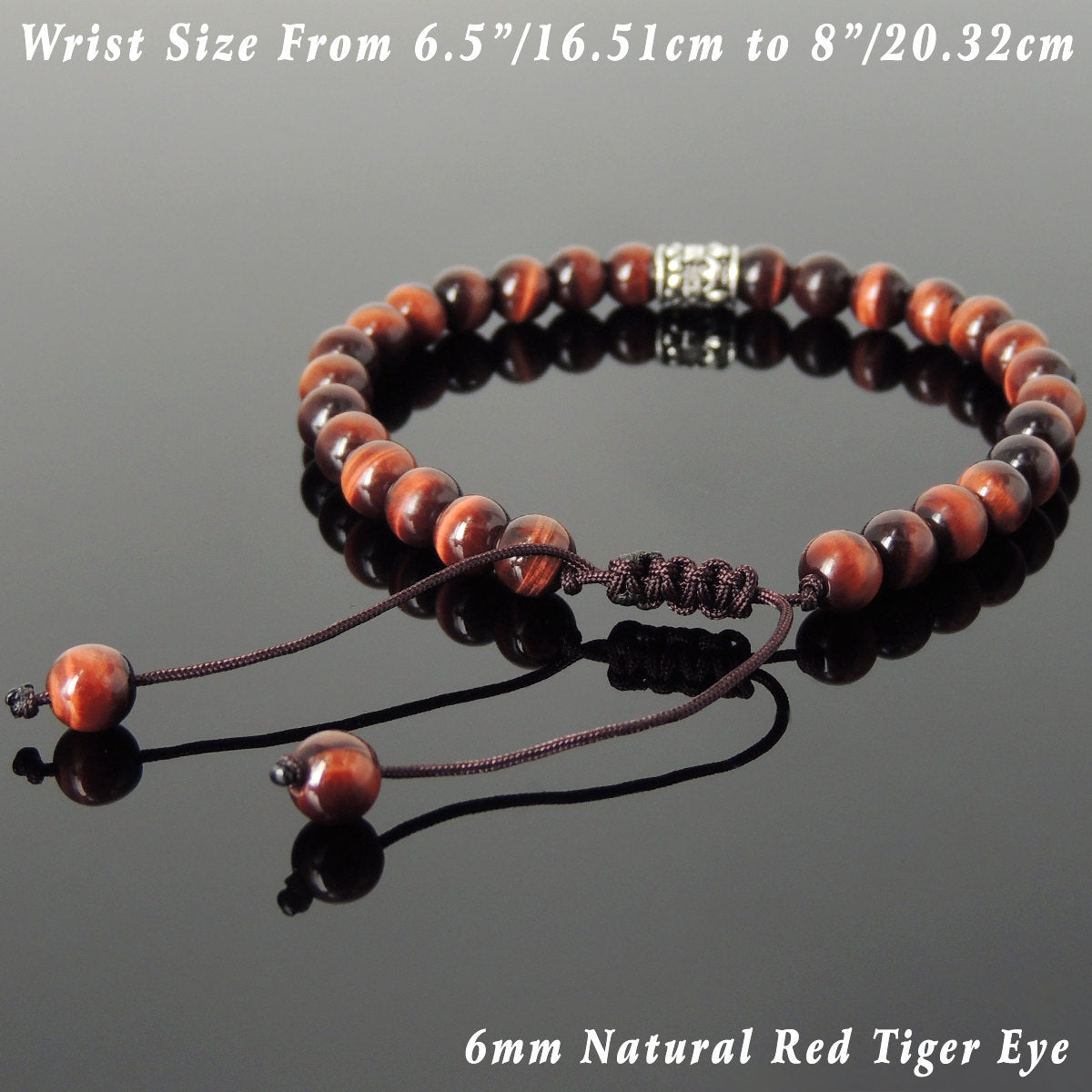 6mm Red Tiger Eye Adjustable Braided Gemstone Bracelet with S925 Sterling Silver Fleur de Lis Barrel Bead - Handmade by Gem & Silver BR770