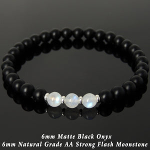 6mm Matte Black Onyx & Grade AA Moonstone Healing Gemstone Bracelet with S925 Sterling Silver Spacers - Handmade by Gem & Silver BR1043
