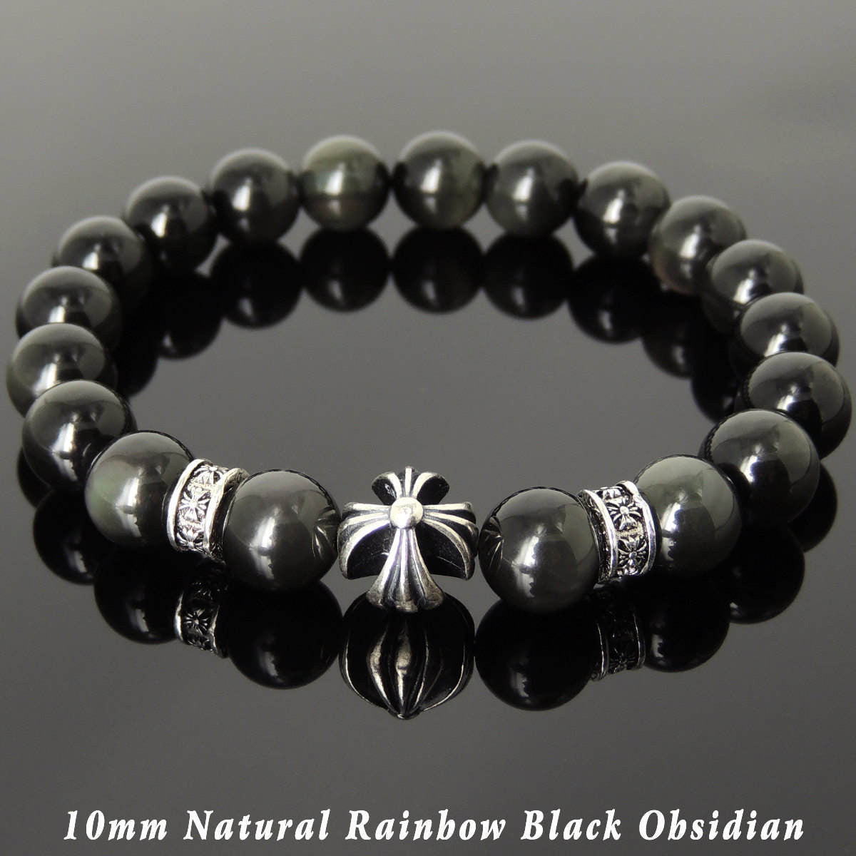 10mm Rainbow Black Obsidian Healing Gemstone Bracelet with S925 Sterling Silver Cross & Spacer Beads - Handmade by Gem & Silver BR1090