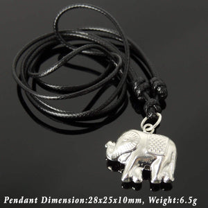 Adjustable Wax Rope Necklace with S925 Sterling Silver Vintage Elephant Pendant - Handmade by Gem & Silver NK182
