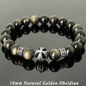 10mm Golden Obsidian Healing Gemstone Bracelet with S925 Sterling Silver Cross & Spacer Beads - Handmade by Gem & Silver BR1091