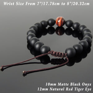 12mm Red Tiger Eye & 10mm Matte Black Onyx Adjustable Braided Gemstone Bracelet - Handmade by Gem & Silver BR1049