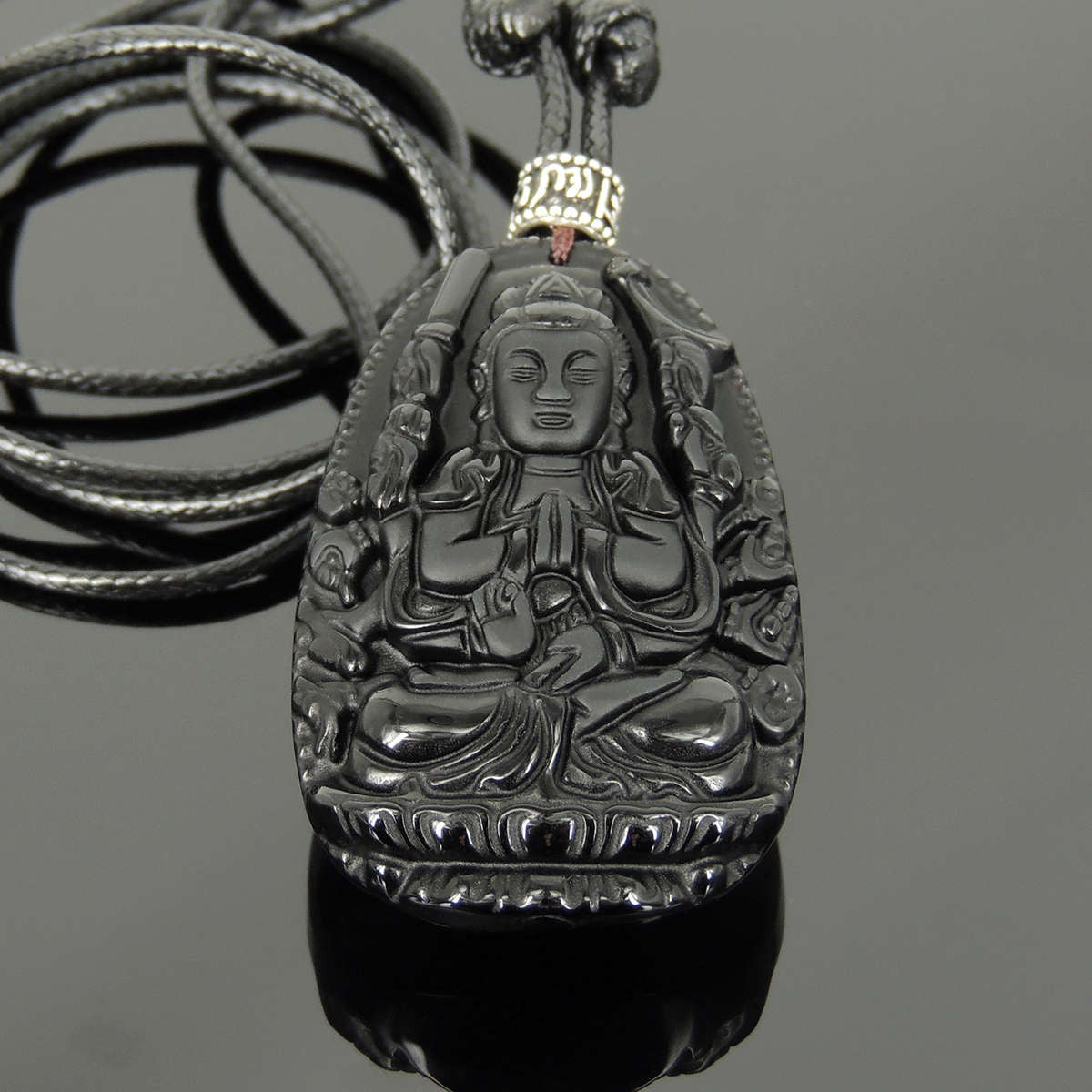 Adjustable Wax Rope Necklace with Black Obsidian Guanyin Buddha Pendant & S925 Sterling Silver OM Meditation Barrel Bead - Handmade by Gem & Silver NK186