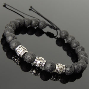 Lava Rock Adjustable Braided Stone Bracelet with Tibetan Silver OM Buddhism Beads - Handmade by Gem & Silver TSB340