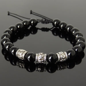 Bright Black Onyx Adjustable Braided Bracelet with Tibetan Silver OM Buddhism Beads - Handmade by Gem & Silver TSB341