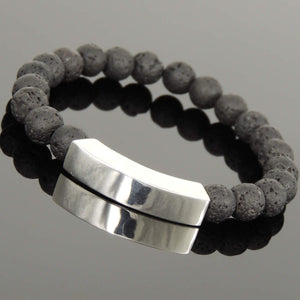8mm Lava Rock Healing Stone Bracelet with S925 Sterling Silver Minimal Rectangle Charm - Handmade by Gem & Silver BR1100