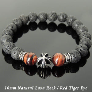 10mm Red Tiger Eye & Lava Rock Healing Gemstone Bracelet with S925 Sterling Silver Cross & Spacer Beads - Handmade by Gem & Silver BR1103
