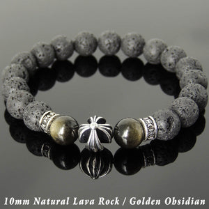 10mm Golden Obsidian & Lava Rock Healing Gemstone Bracelet with S925 Sterling Silver Cross & Spacer Beads - Handmade by Gem & Silver BR1104