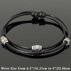 Adjustable Wax Rope Bracelet with S925 Sterling Silver Vintage Cross Barrel & Spacer Beads - Handmade by Gem & Silver BR1106