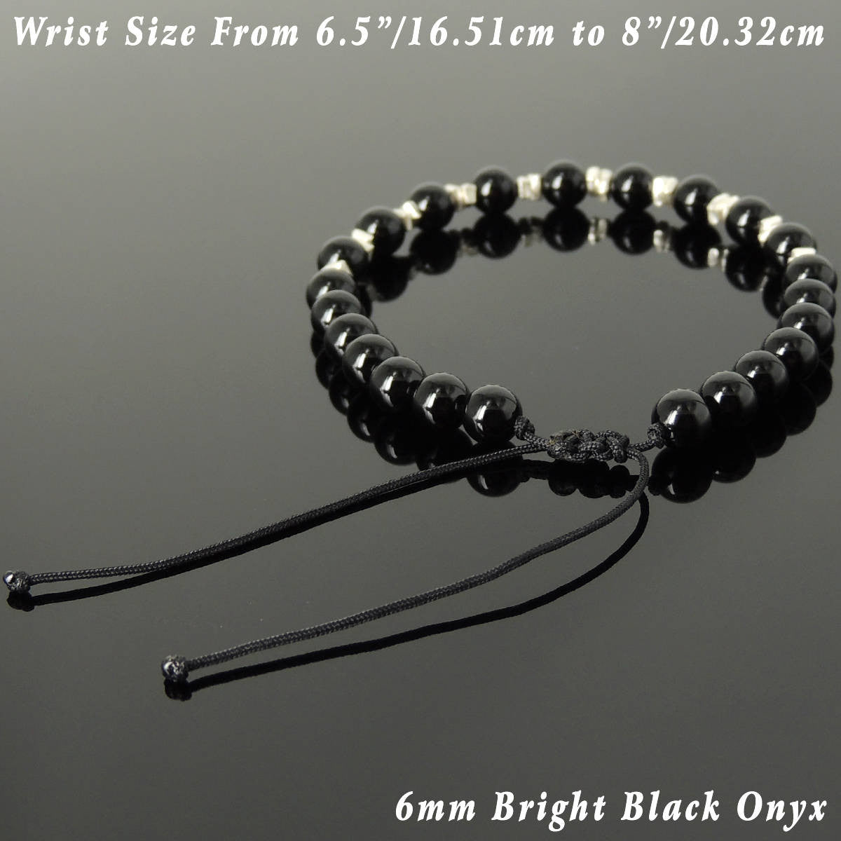 6mm Bright Black Onyx Adjustable Braided Bracelet with S925 Sterling Silver Nugget Beads - Handmade by Gem & Silver BR1109