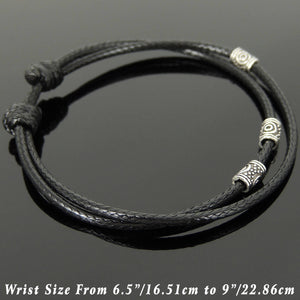 Adjustable Wax Rope Bracelet with S925 Sterling Silver Celtic Barrel Beads - Handmade by Gem & Silver BR1113