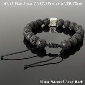 10mm Lava Rock Stone Adjustable Braided Bracelet with S925 Sterling Silver Textured Cube Bead - Handmade by Gem & Silver BR1053