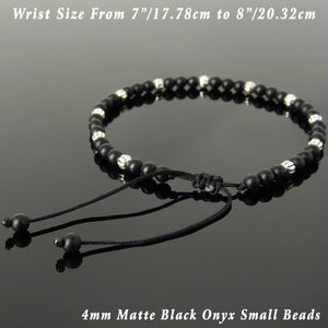 4mm Matte Black Onyx Adjustable Braided Healing Bracelet with S925 Sterling Silver Artisan Beads - Handmade by Gem & Silver