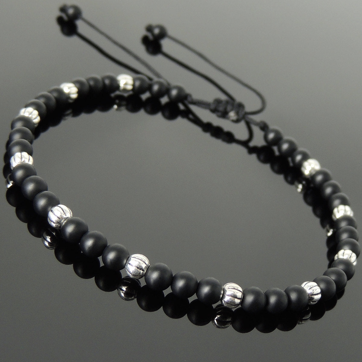 4mm Matte Black Onyx Adjustable Braided Healing Bracelet with S925 Sterling Silver Artisan Beads - Handmade by Gem & Silver