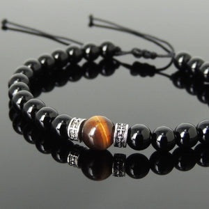 Black Onyx & Brown Tiger Eye Adjustable Braided Bracelet with S925 Sterling Silver Celtic Cross Spacer Charms - Handmade by Gem & Silver BR1116