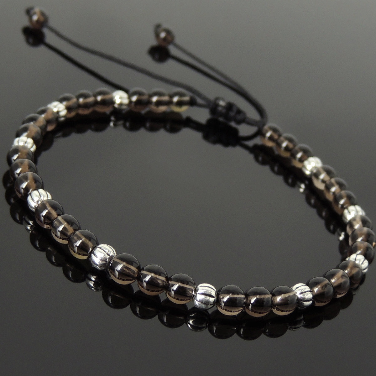 4mm Smoky Quartz Adjustable Braided Healing Bracelet with S925 Sterling Silver Artisan Beads - Handmade by Gem & Silver BR1056