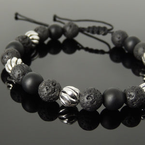8mm Matte Black Onyx & Lava Rock Adjustable Stone Braided Bracelet with S925 Sterling Silver Artisan Beads - Handmade by Gem & Silver BR1058